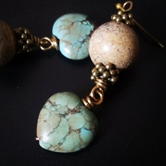 Thick + Chunky! Boho African Turquoise Heart Earrings - Unique & One-of-a-Kind - Picture 9 of 10